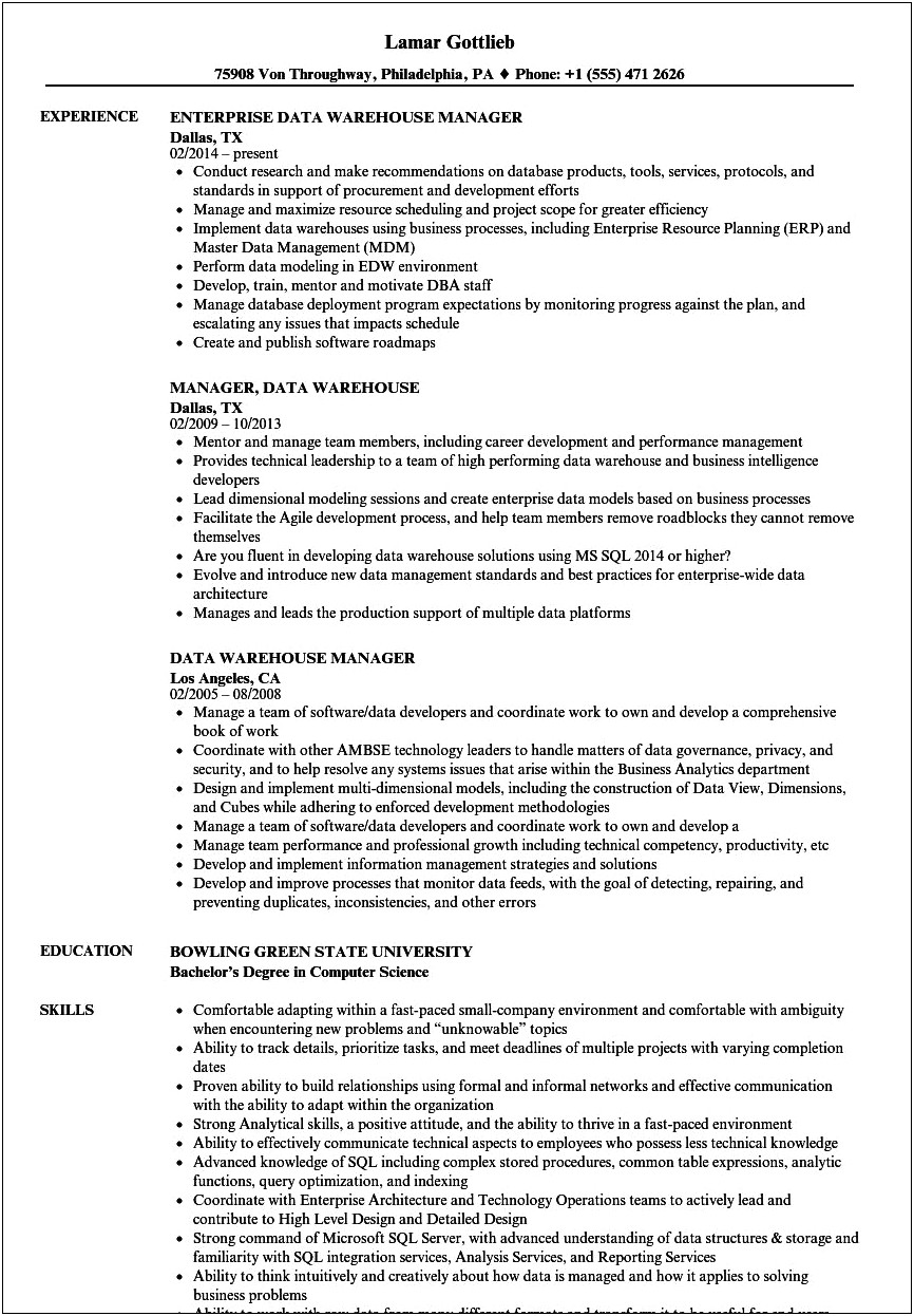 Ba Resume With Data Warehousing Experience