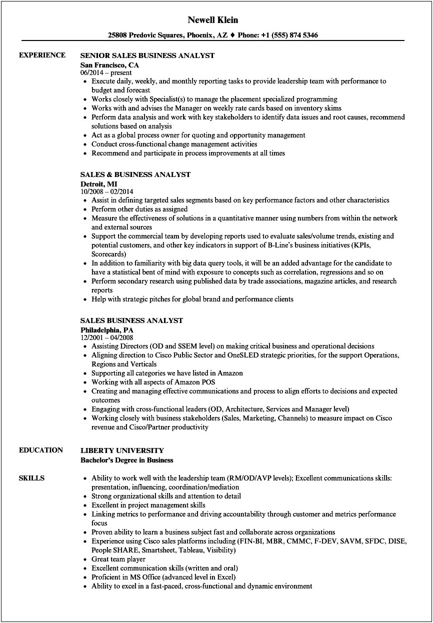 Ba Sample Resume With Sales Force