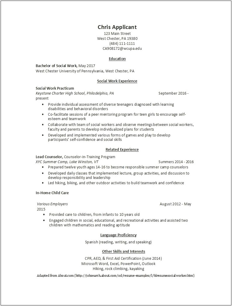 Ba Social Worker Day Care Resume