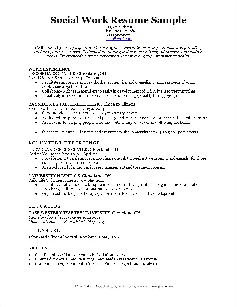 Bachelor Of Science In Social Work Resume