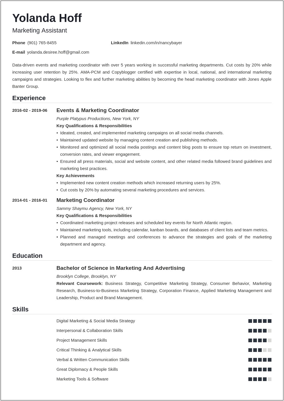 Bachelor's Degree In Marketing Resume Example