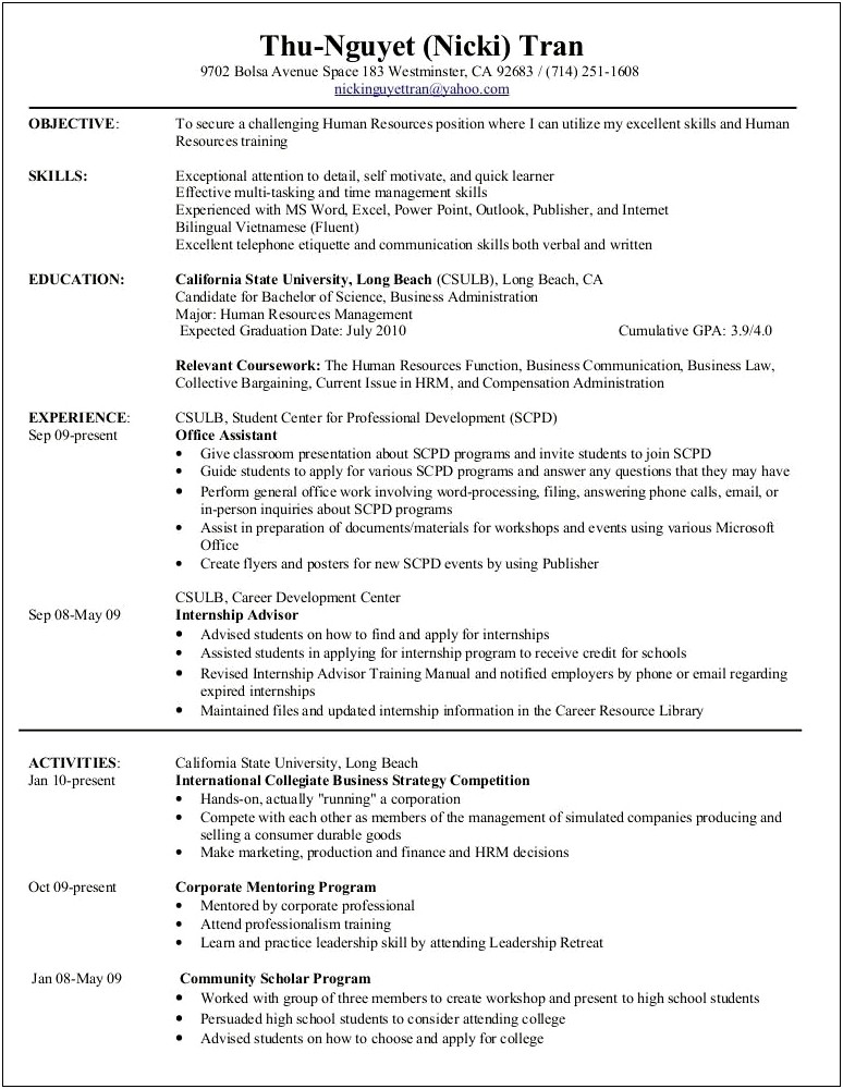 Bachelors Of Science Hrm Resume Examples