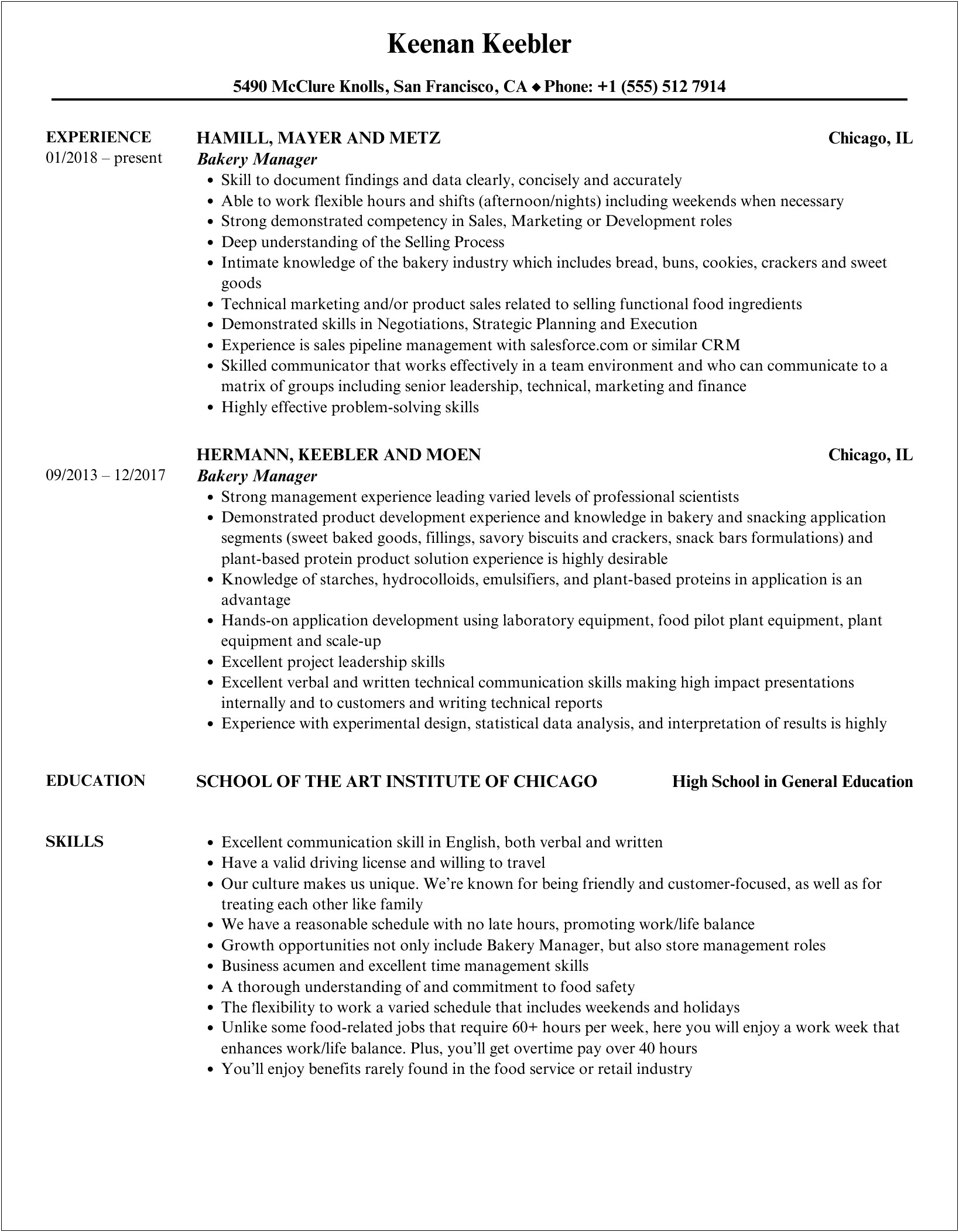 Bakery Shop Manager Resume Skills And Responsibilities