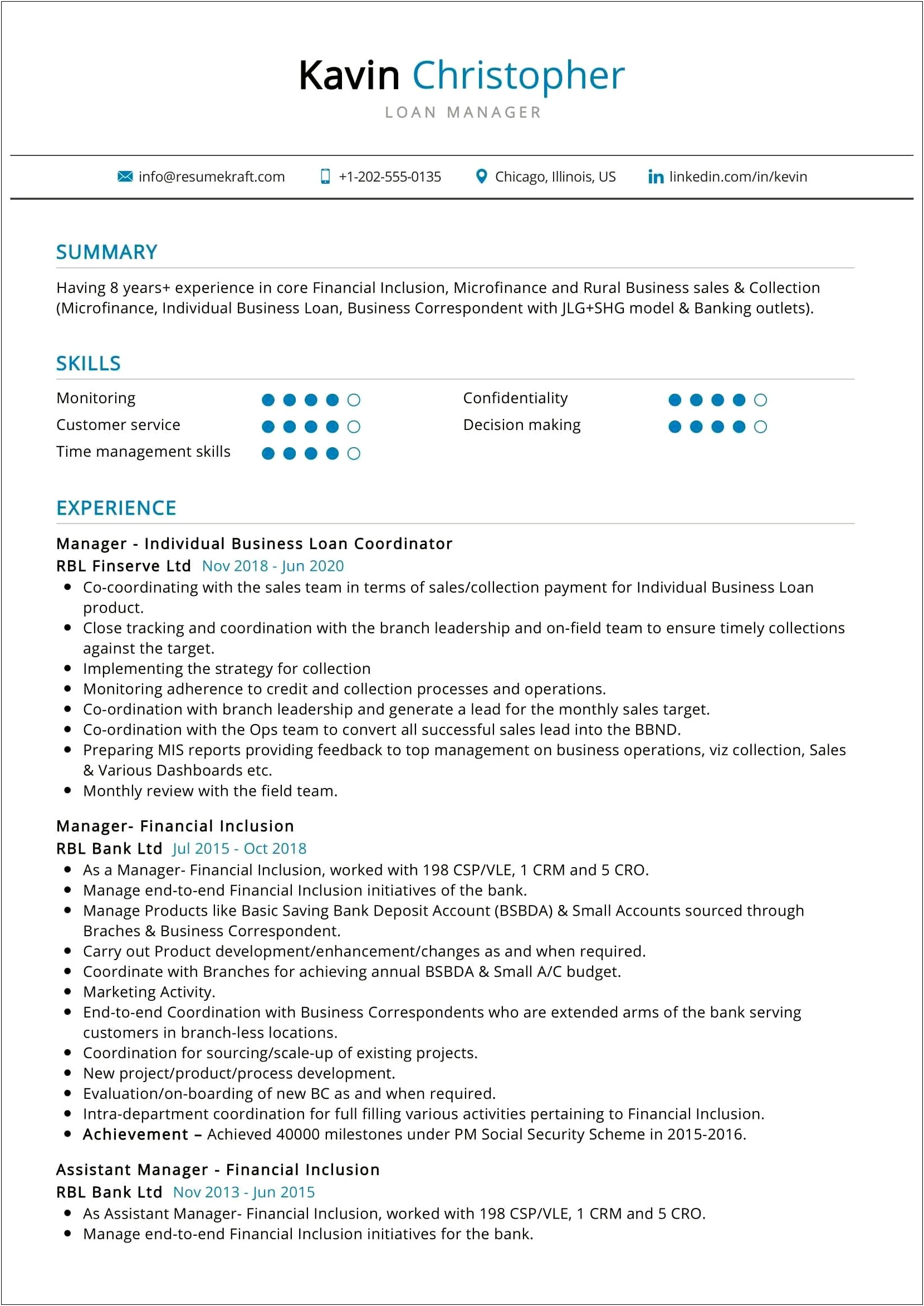 Bank Branch Manager Job Description For Resume