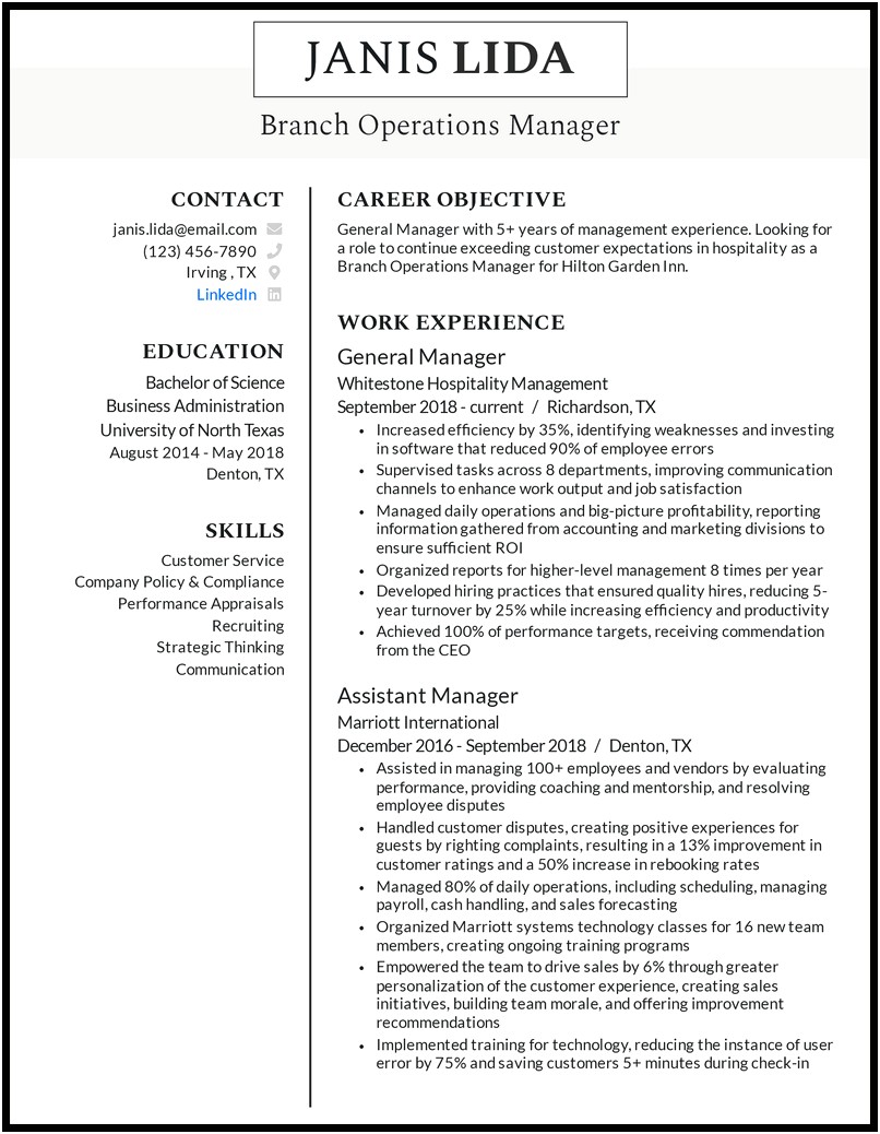 Bank Branch Operations Manager Resume Sample