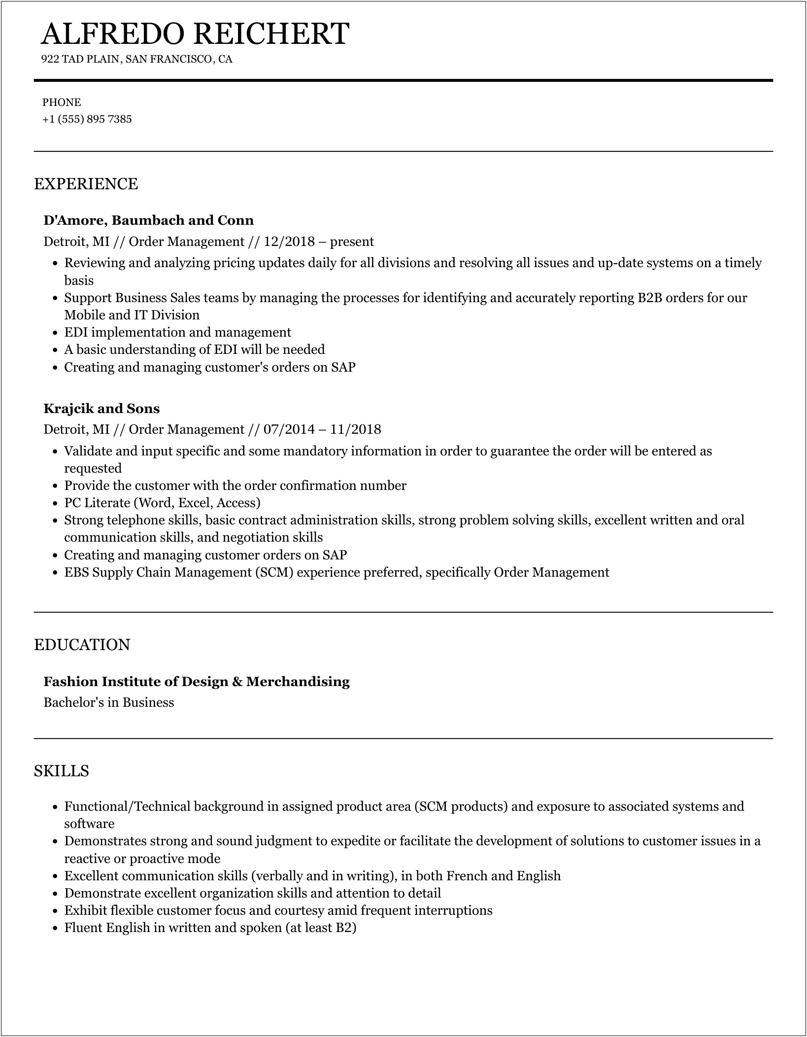 Bank Of America Bss Order Management Resume