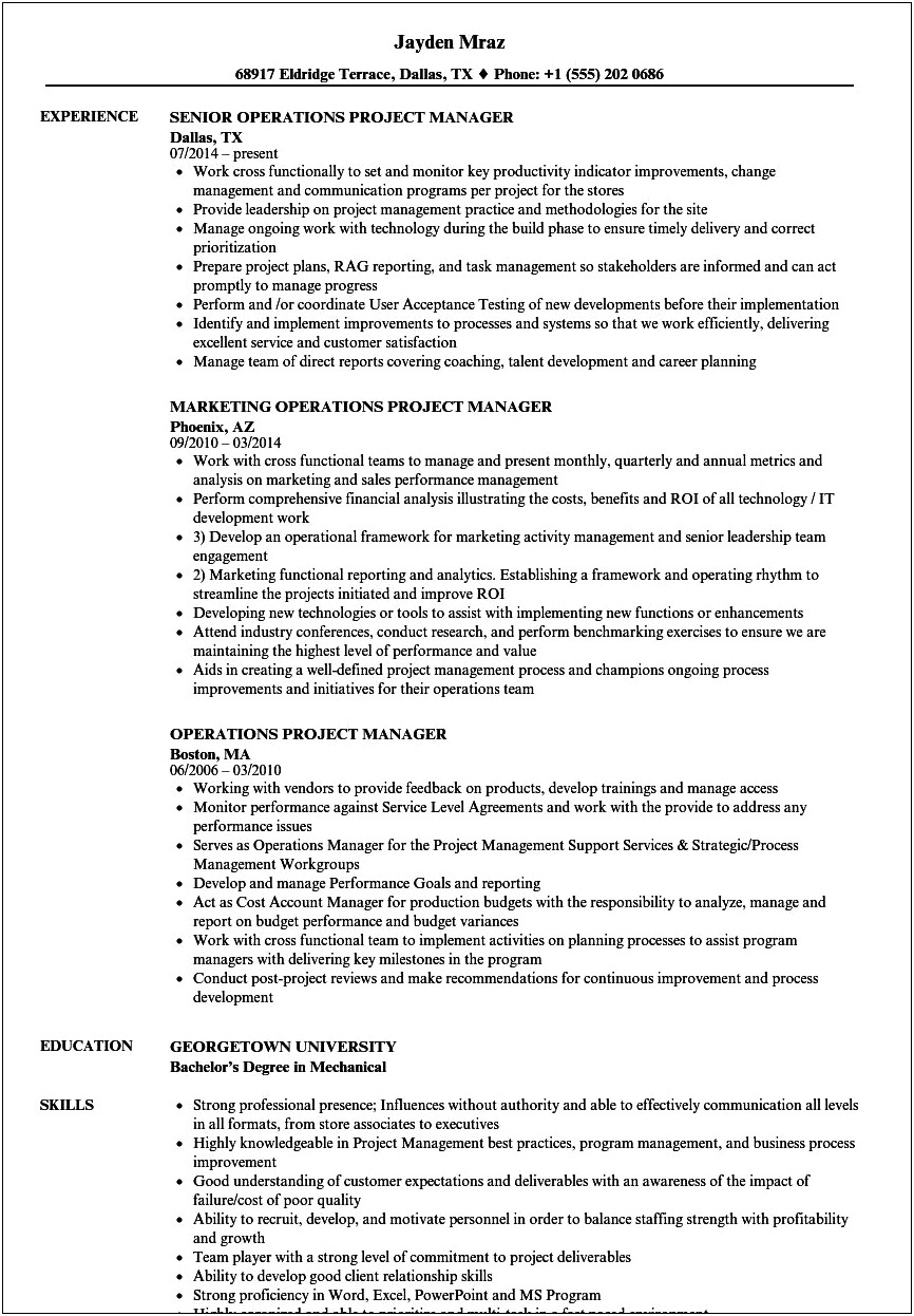 Bank Of America Project Manager Resume
