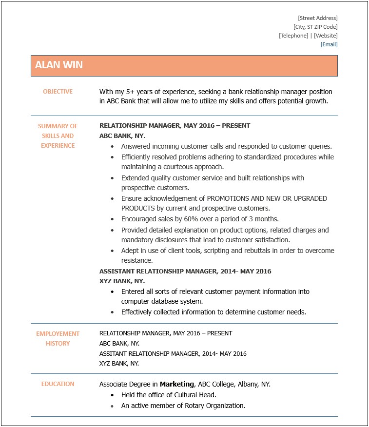Bank Relationship Manager Job Description Resume