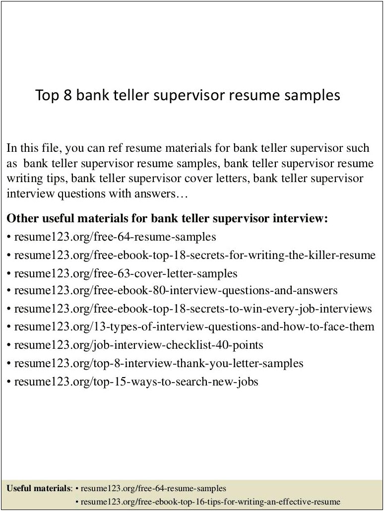 Bank Teller Resume Example With Restaurant Supervisor Experience