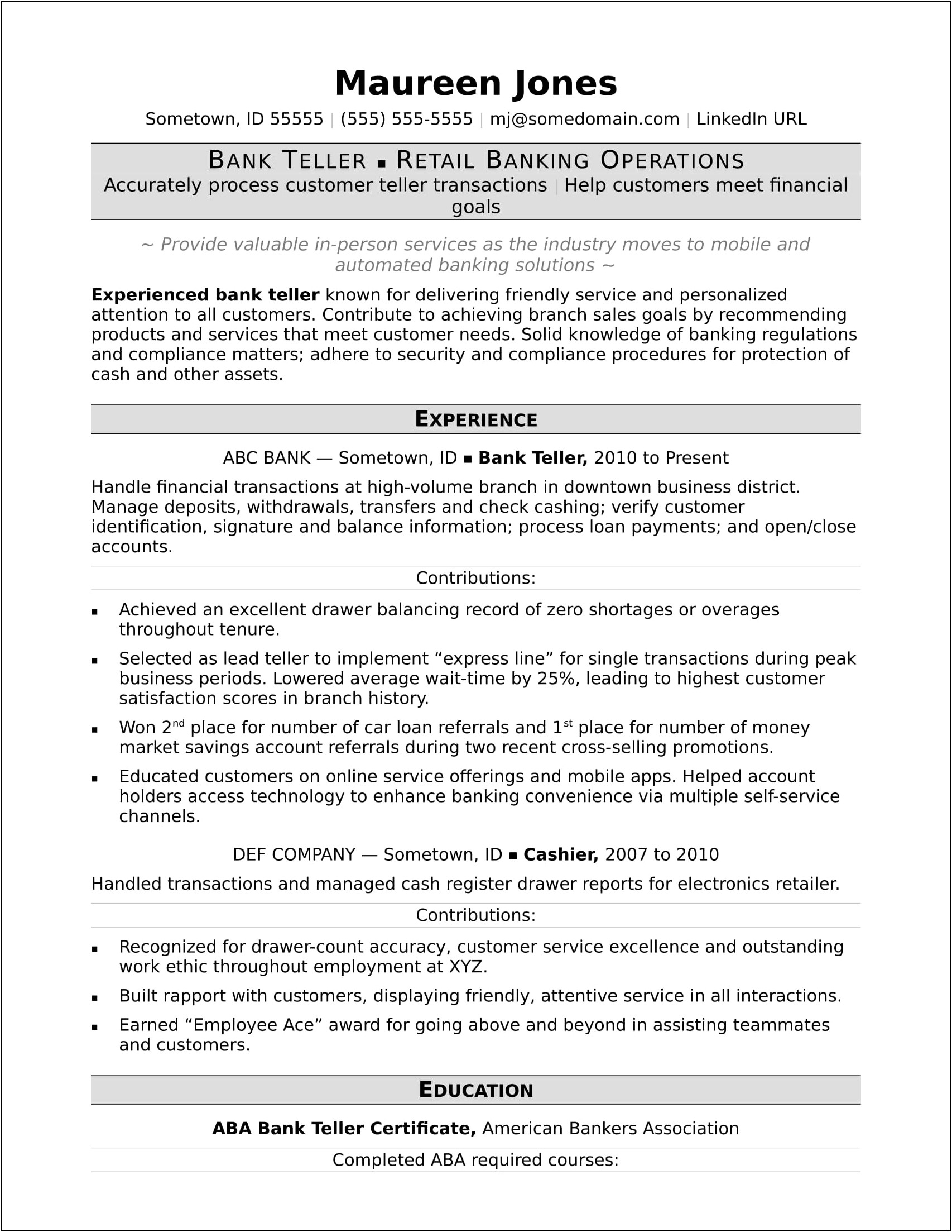 Bank Teller Resume Examples No Experience