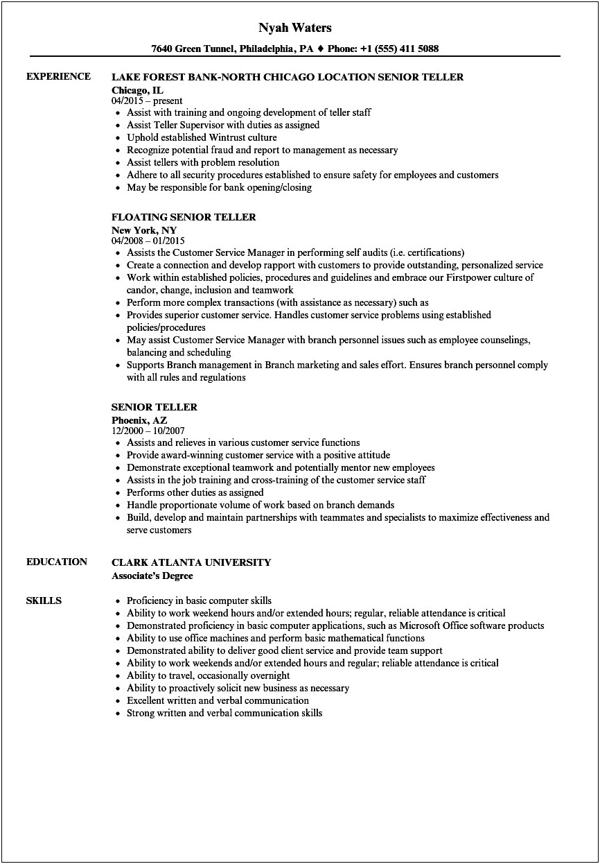 Bank Teller Resume Skills And Qualifications