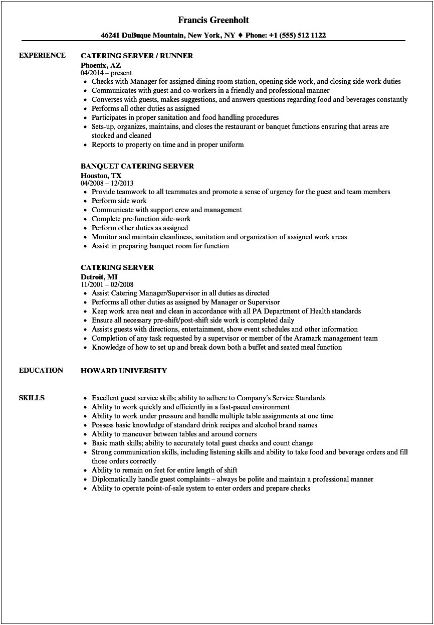 Banquet Captain Job Description For Resume