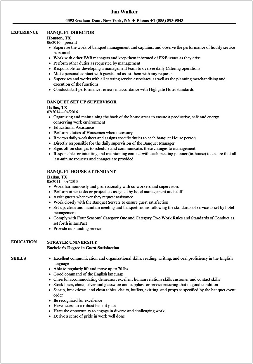 Banquet Waiter Job Description For Resume