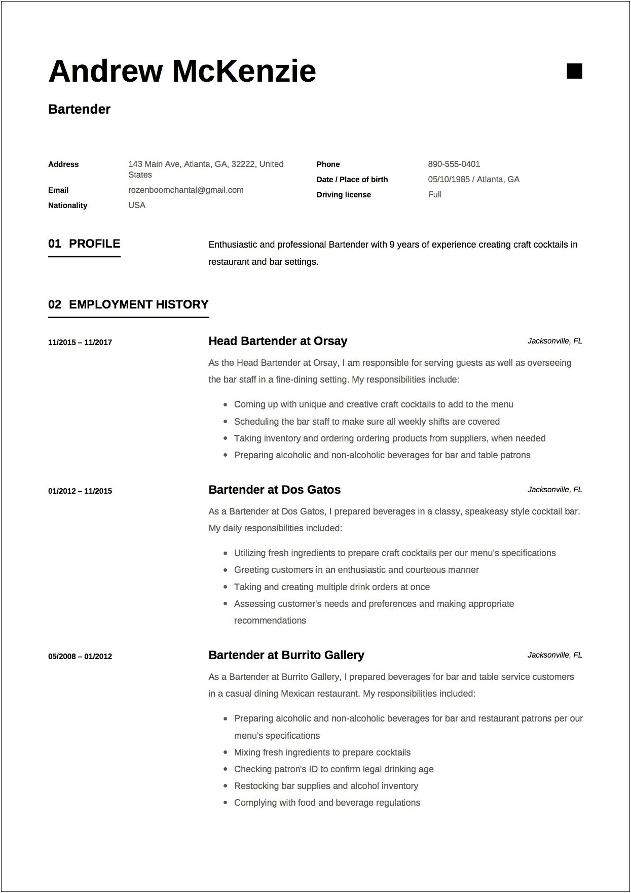 Bartender Resume One Page With Photo Free