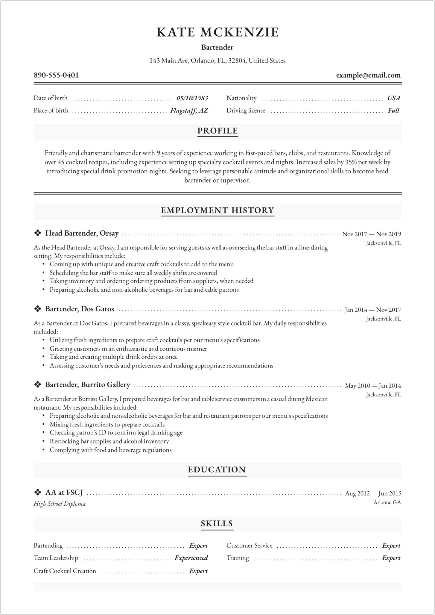 Bartender Resume Templates With No Experience