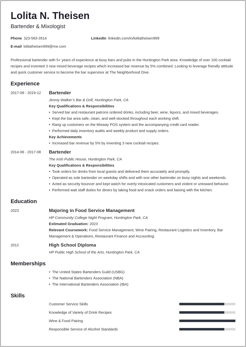 Bartender Skills And Abilities For Resume