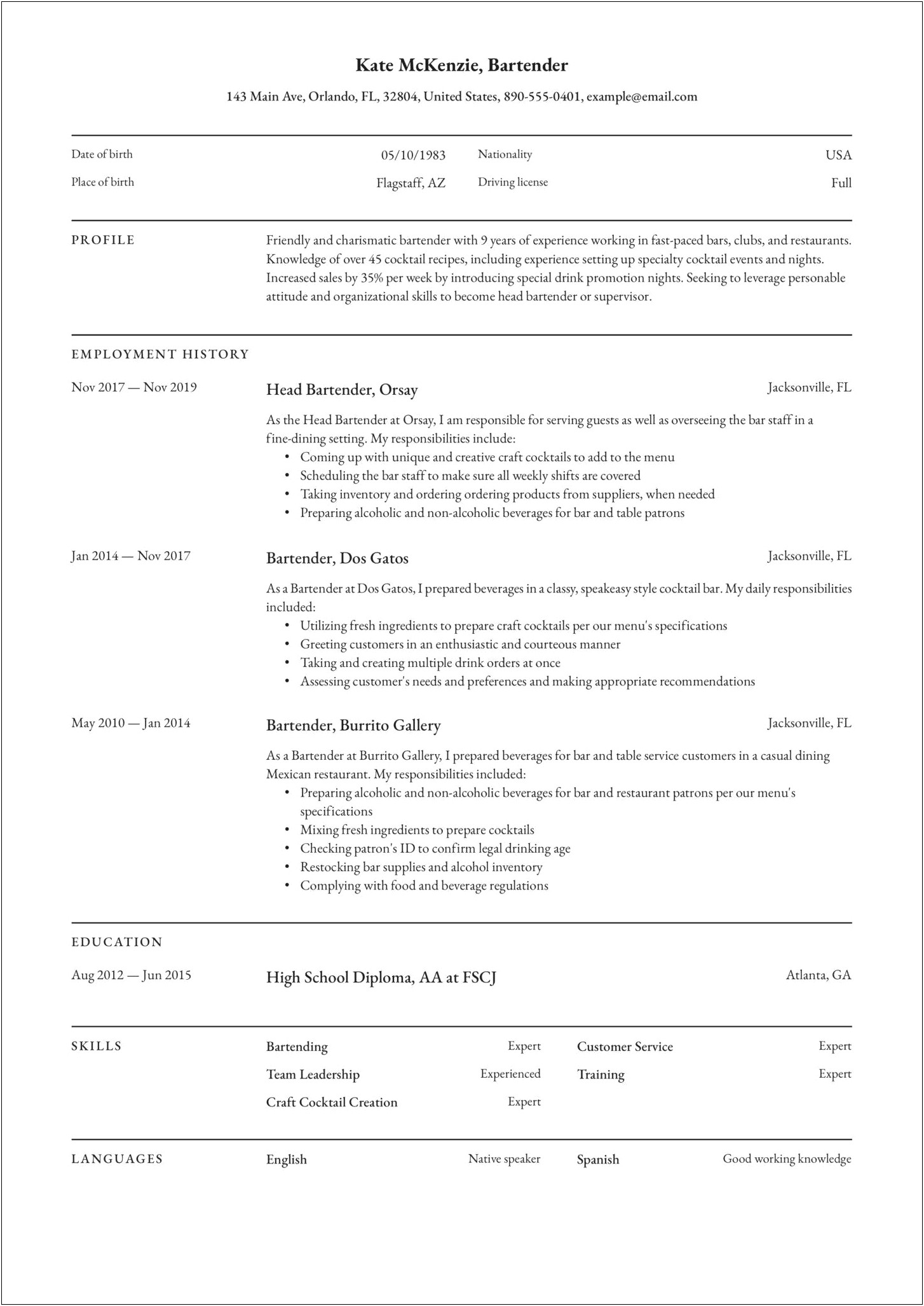 Bartending Resume Templates With No Experience