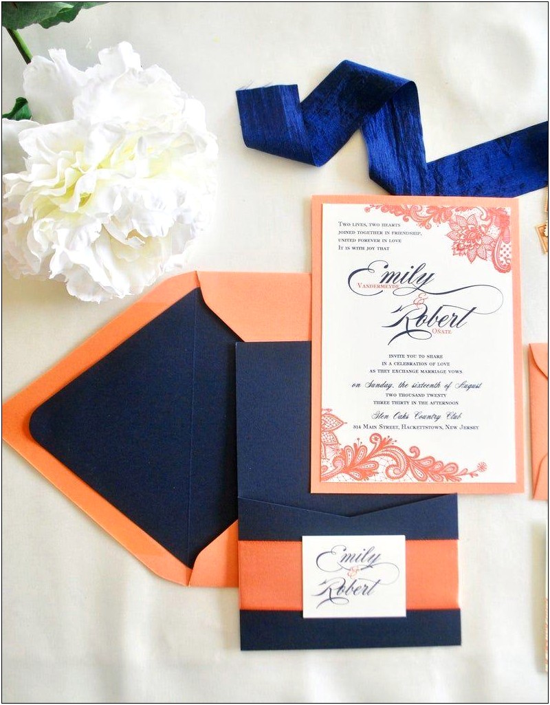 Basic Coral And Navy Wedding Invitation