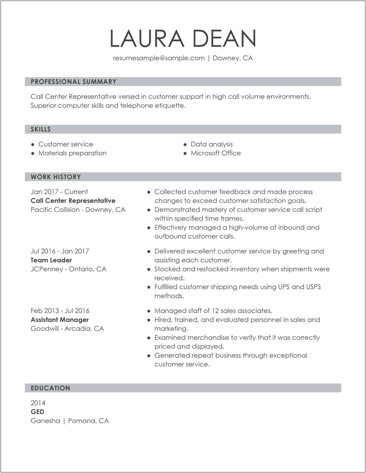 Basic Resume Examples For Customer Service