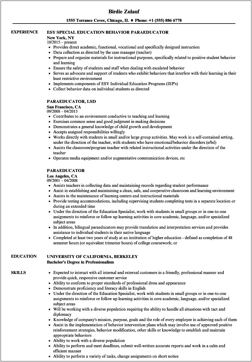 Basic Resume Objective For Paraprofessional Non Experience