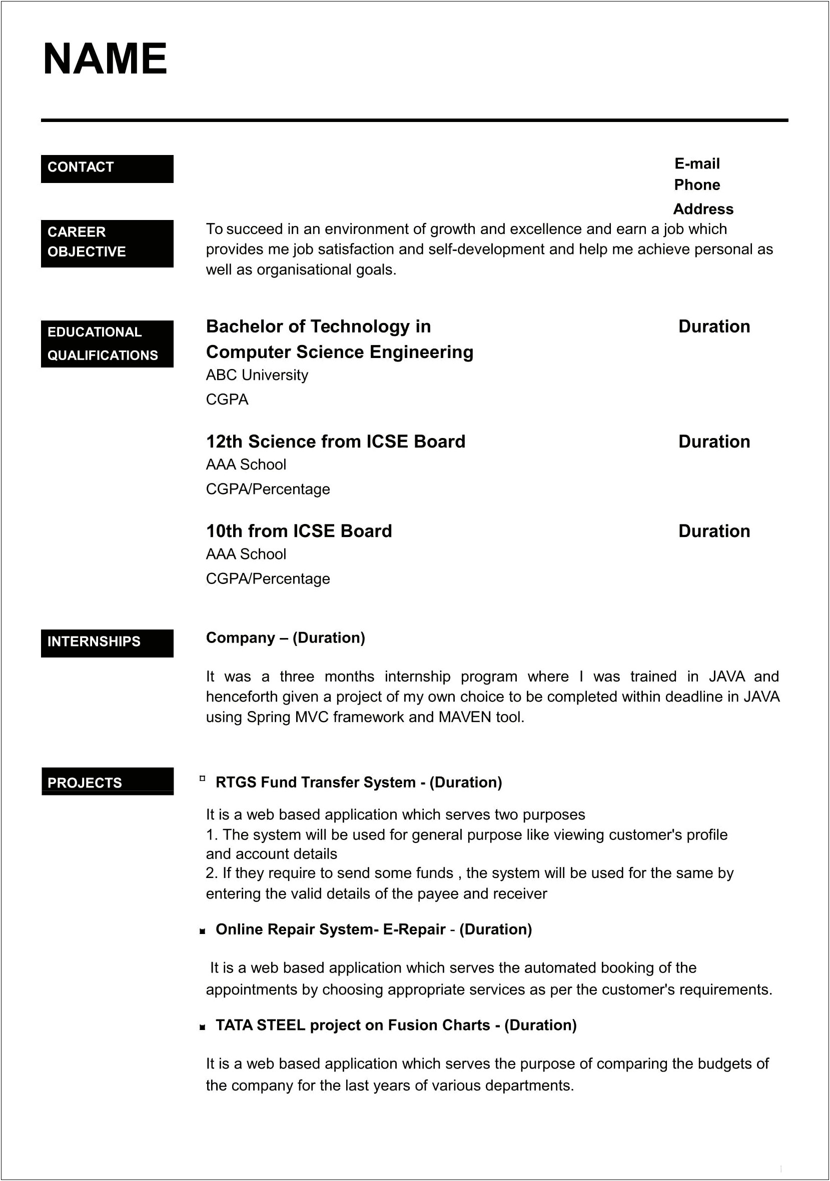 Be Computer Science Fresher Resume Sample