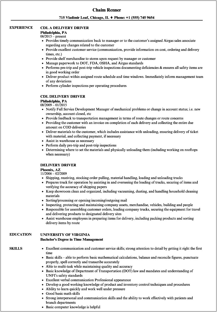 Beer Delivery Driver Job Description For Resume