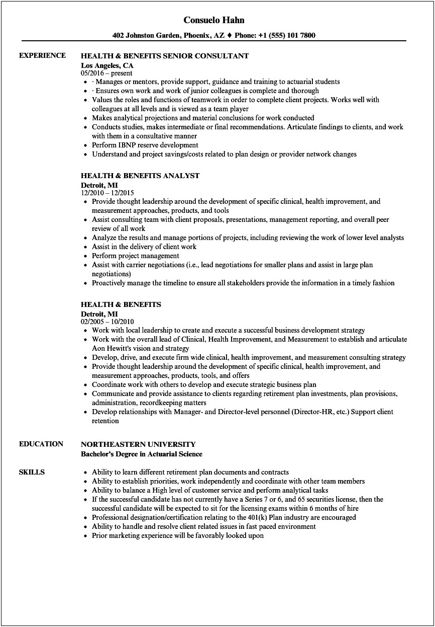 Benefits Analyst Job Description For Resume
