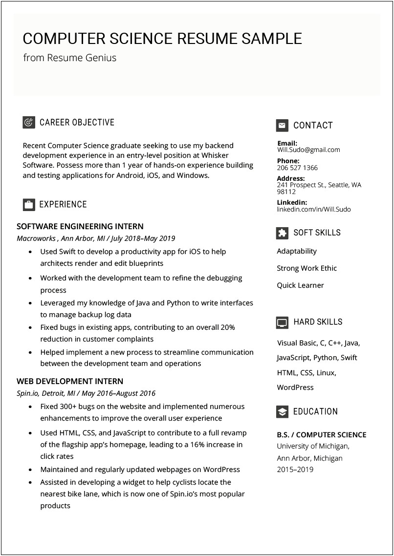 Best Computer Science Resume Of A College Grad
