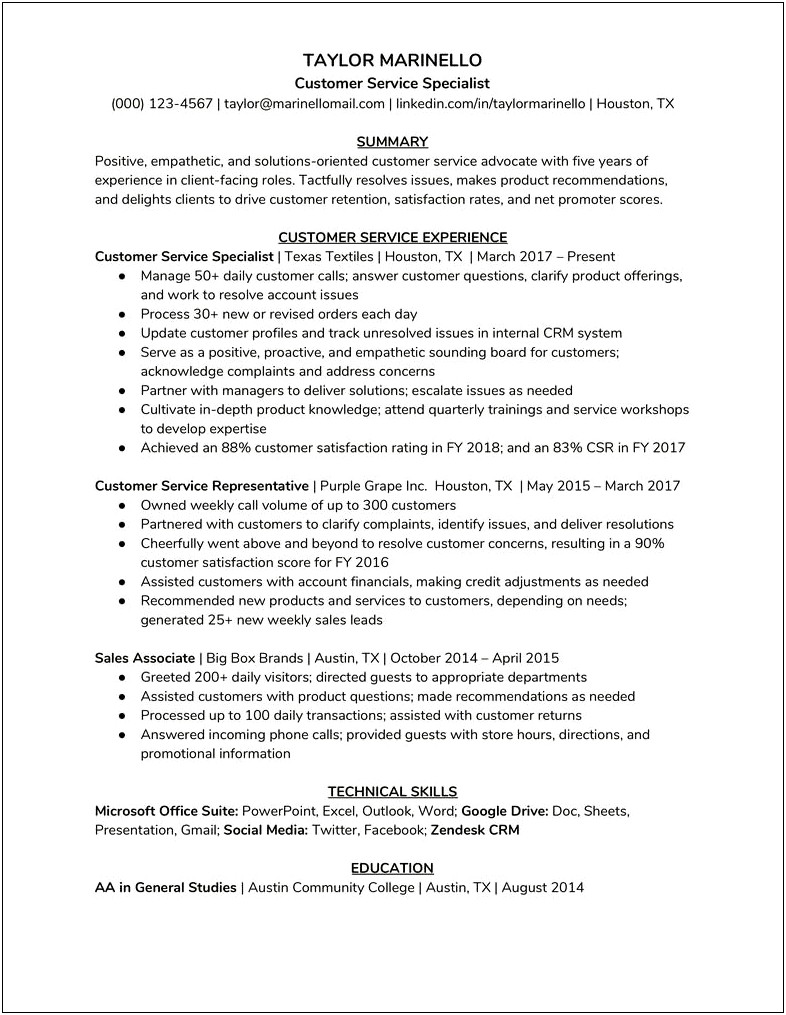 Best Example For Customer Service Resume