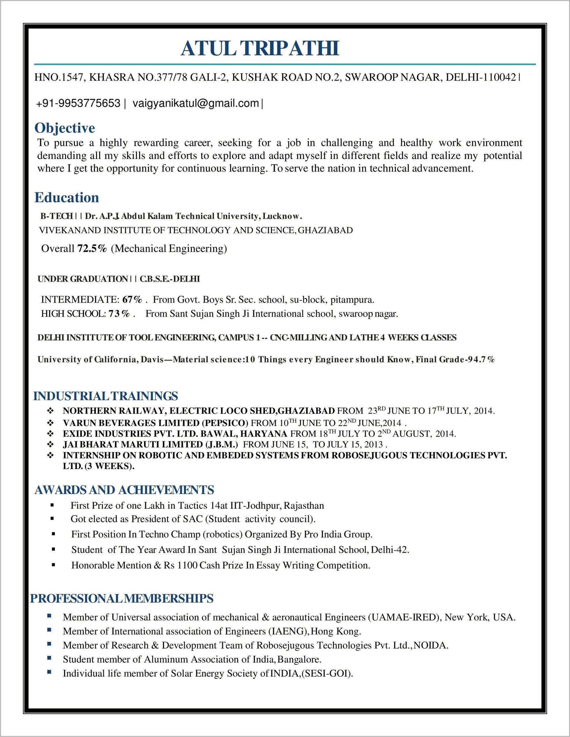 Best Format Of Resume For Mechanical Engineering Freshers