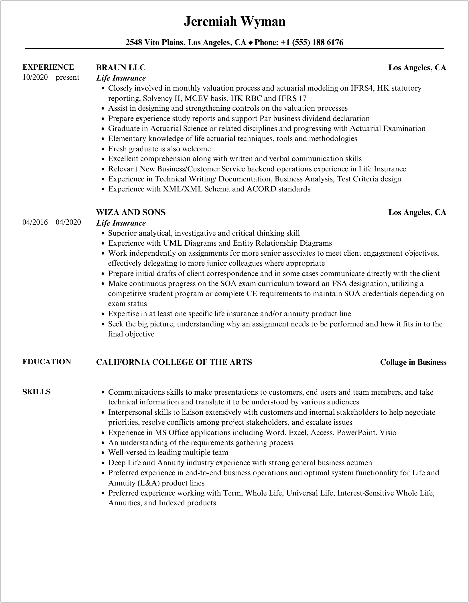 Best Life And Health Insurance Resume