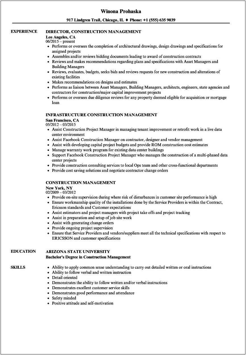 Best Looking Resume For Construction Management