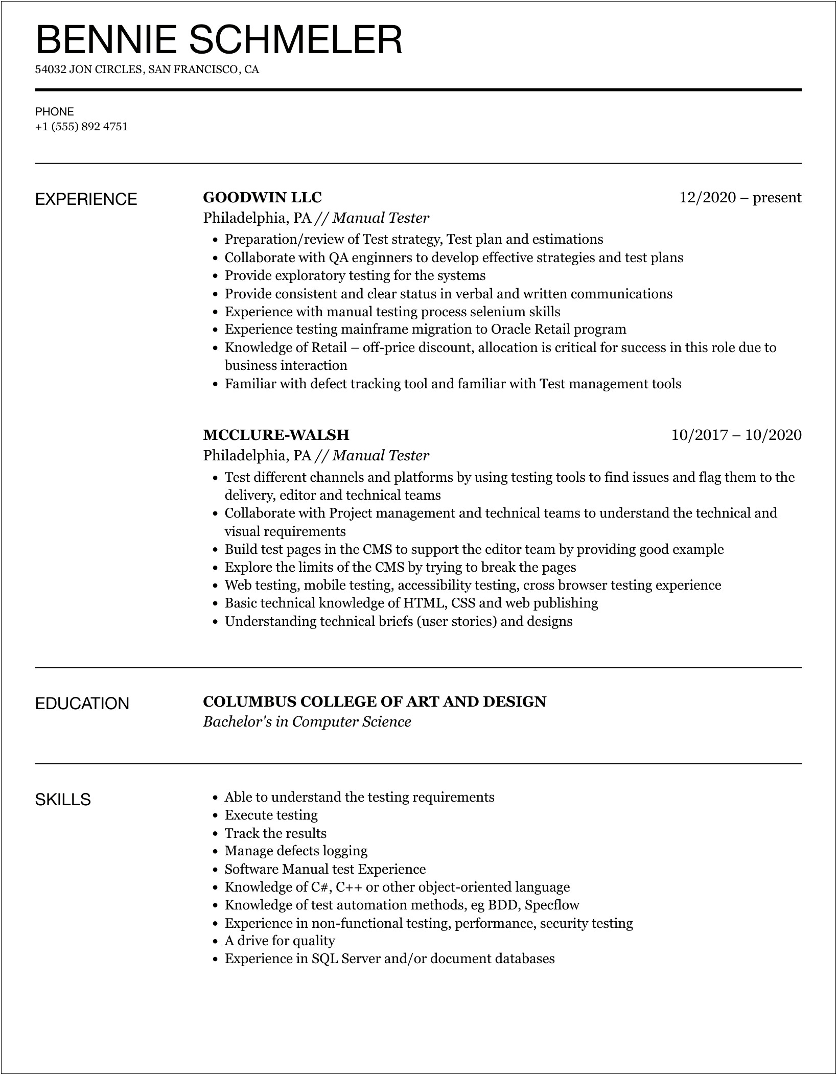 Best Manual Testing Resume For Experience