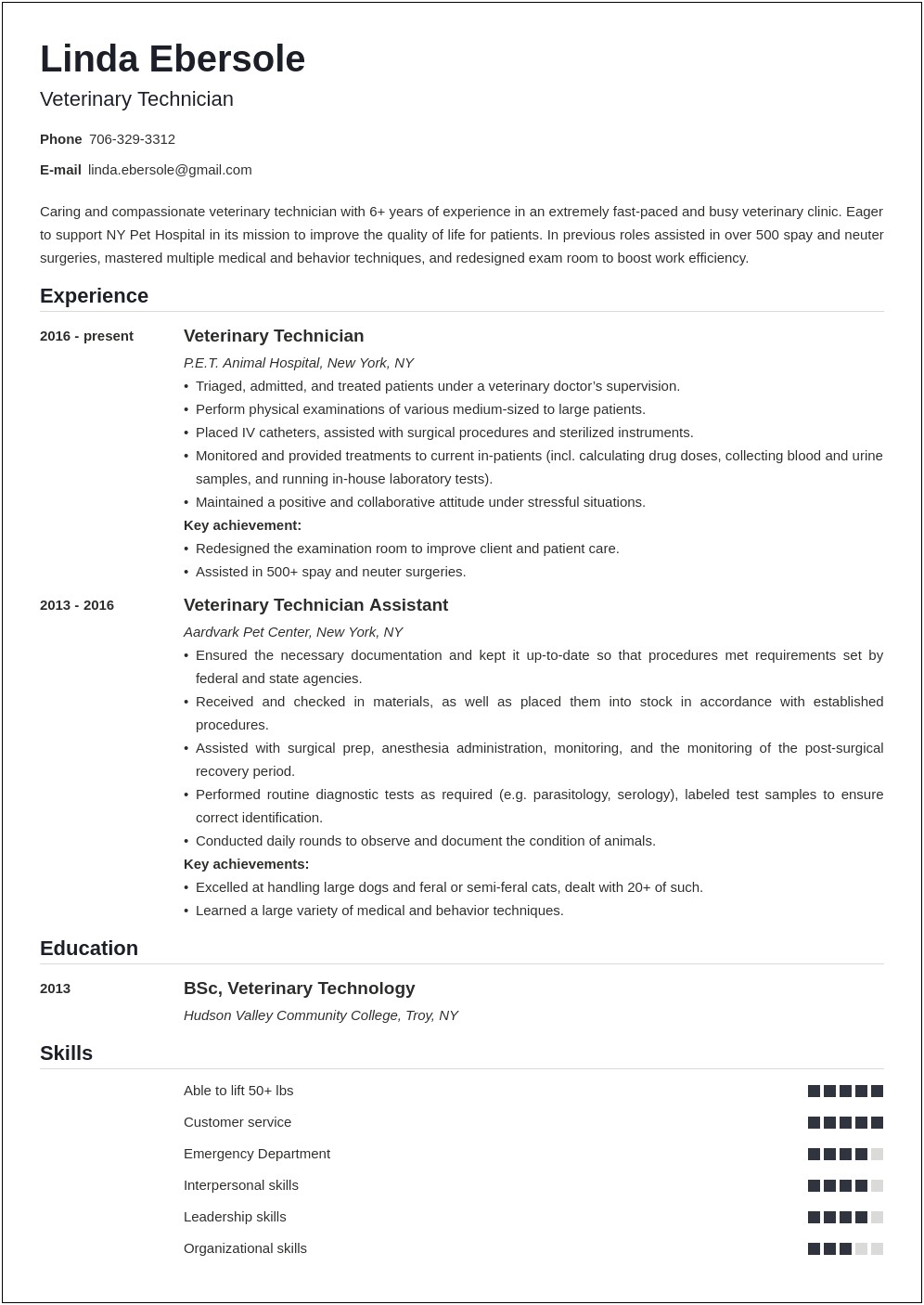 Best Resume For A Jobs In Veterinary Field