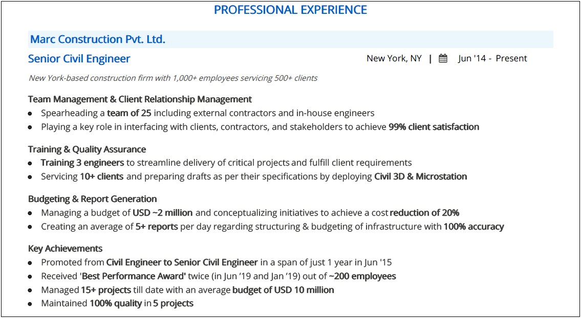 Best Resume For Experienced Civil Engineer