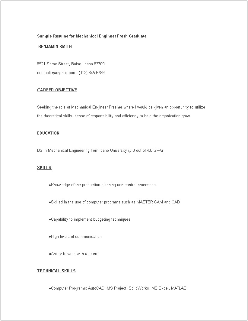 Best Resume For Mechanical Engineer Fresher Download