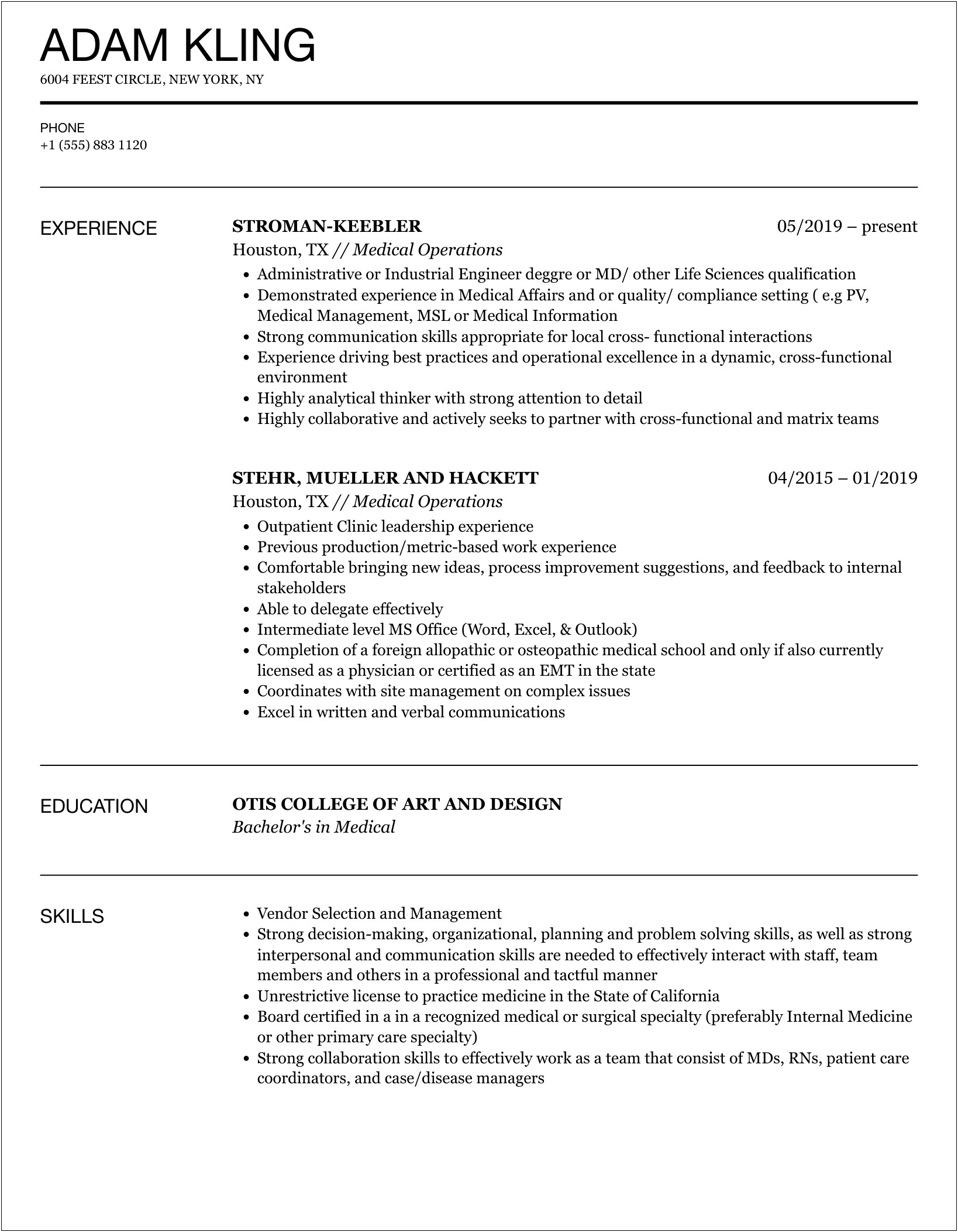 Best Resume For Medical Operations Manager