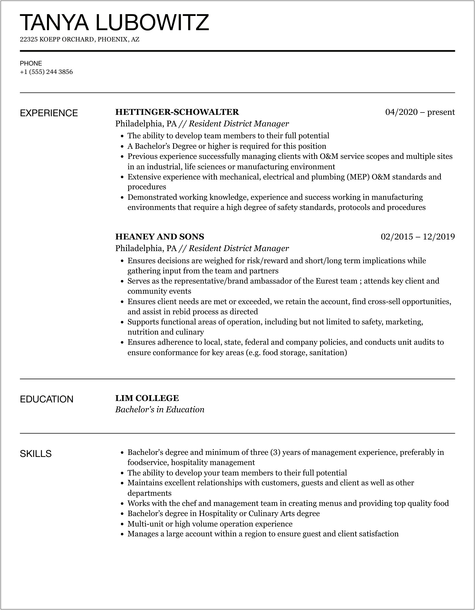 Best Resume For Multi Family District Manager