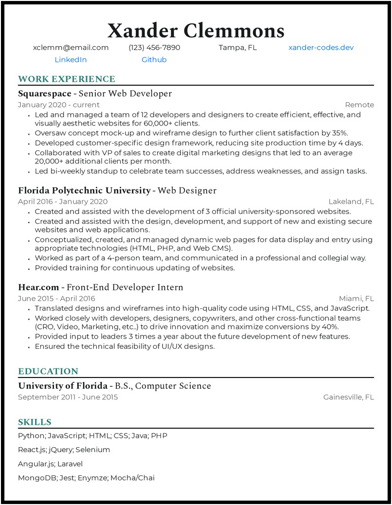 Best Resume For Senior Web Developer