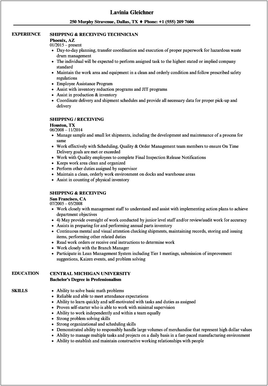 Best Resume For Shipping Receiving Job