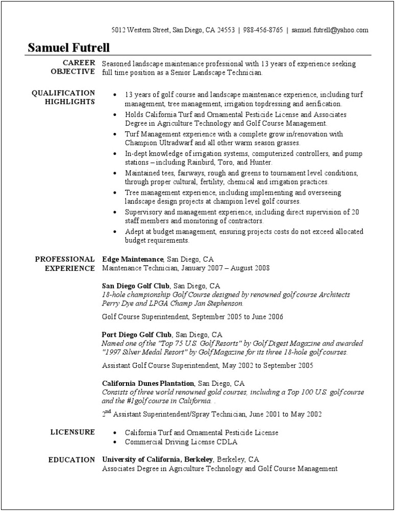 Best Resume Form For Golf Course Superintendent