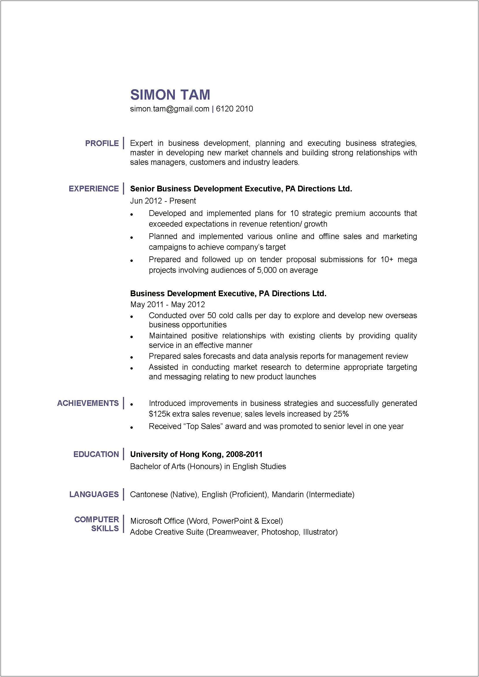 Best Resume Format For Business Development Executive