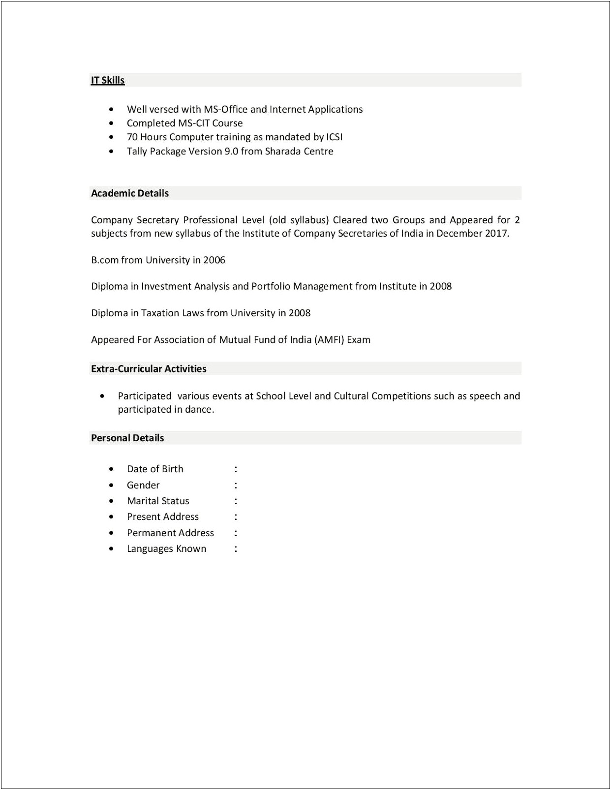 Best Resume Format For Company Secretary