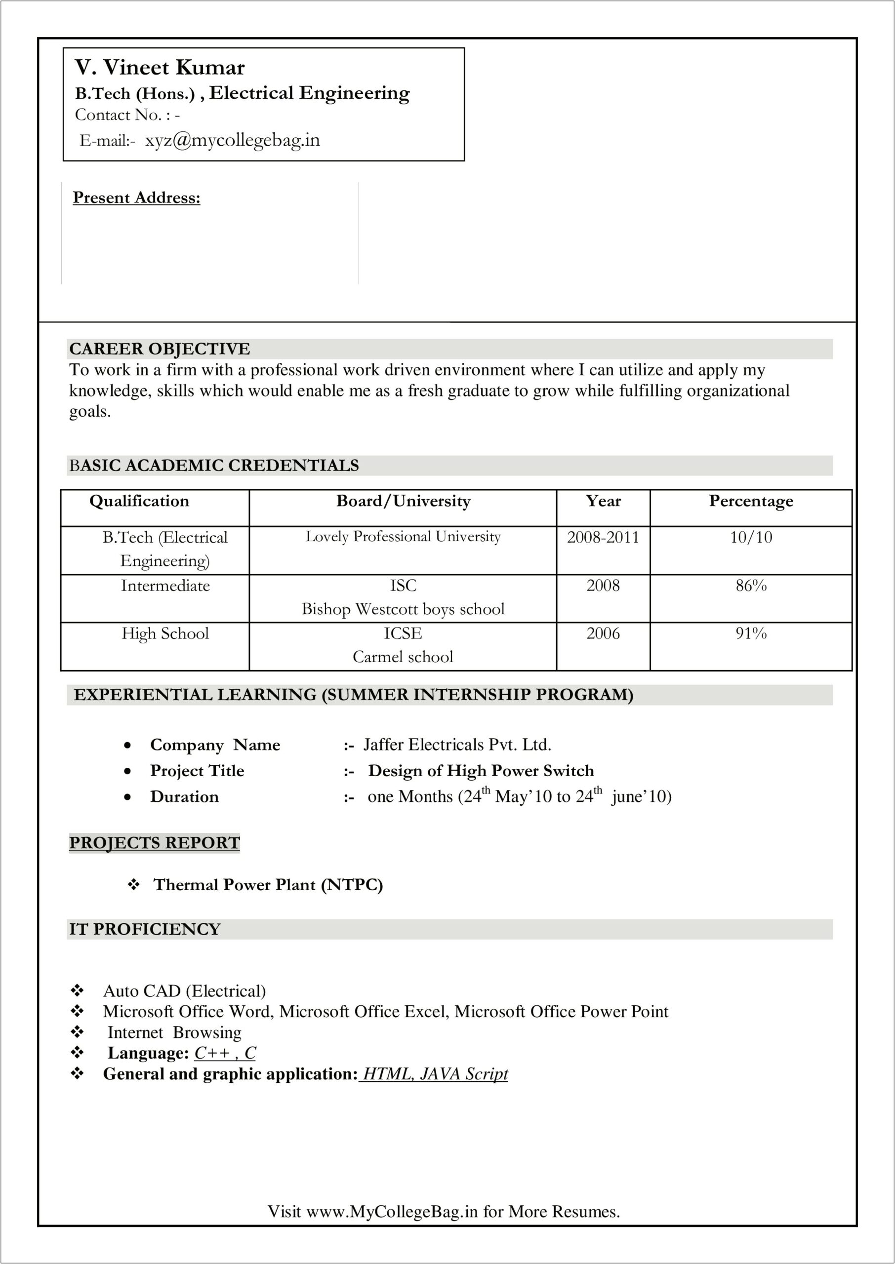 Best Resume Format For Engineer Fresher
