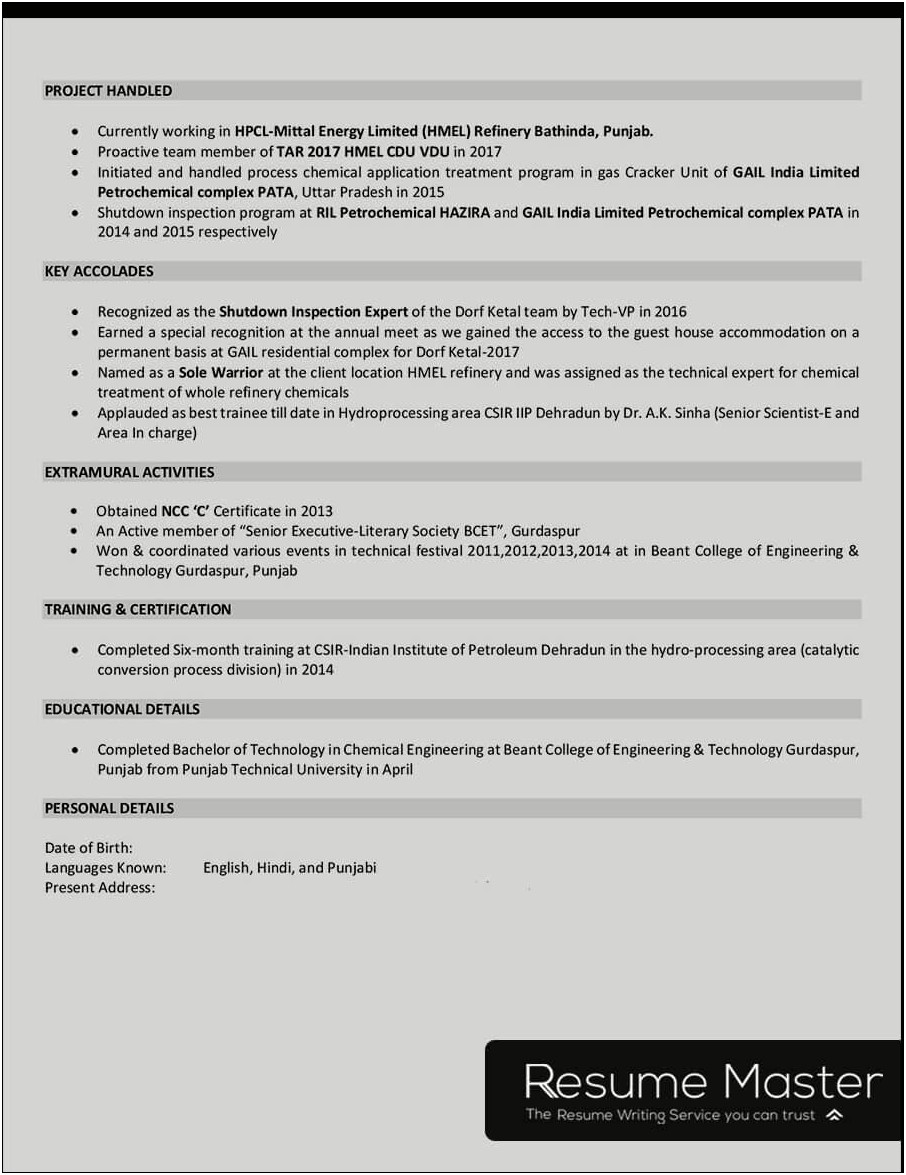 Best Resume Format For Experienced Chemical Engineers