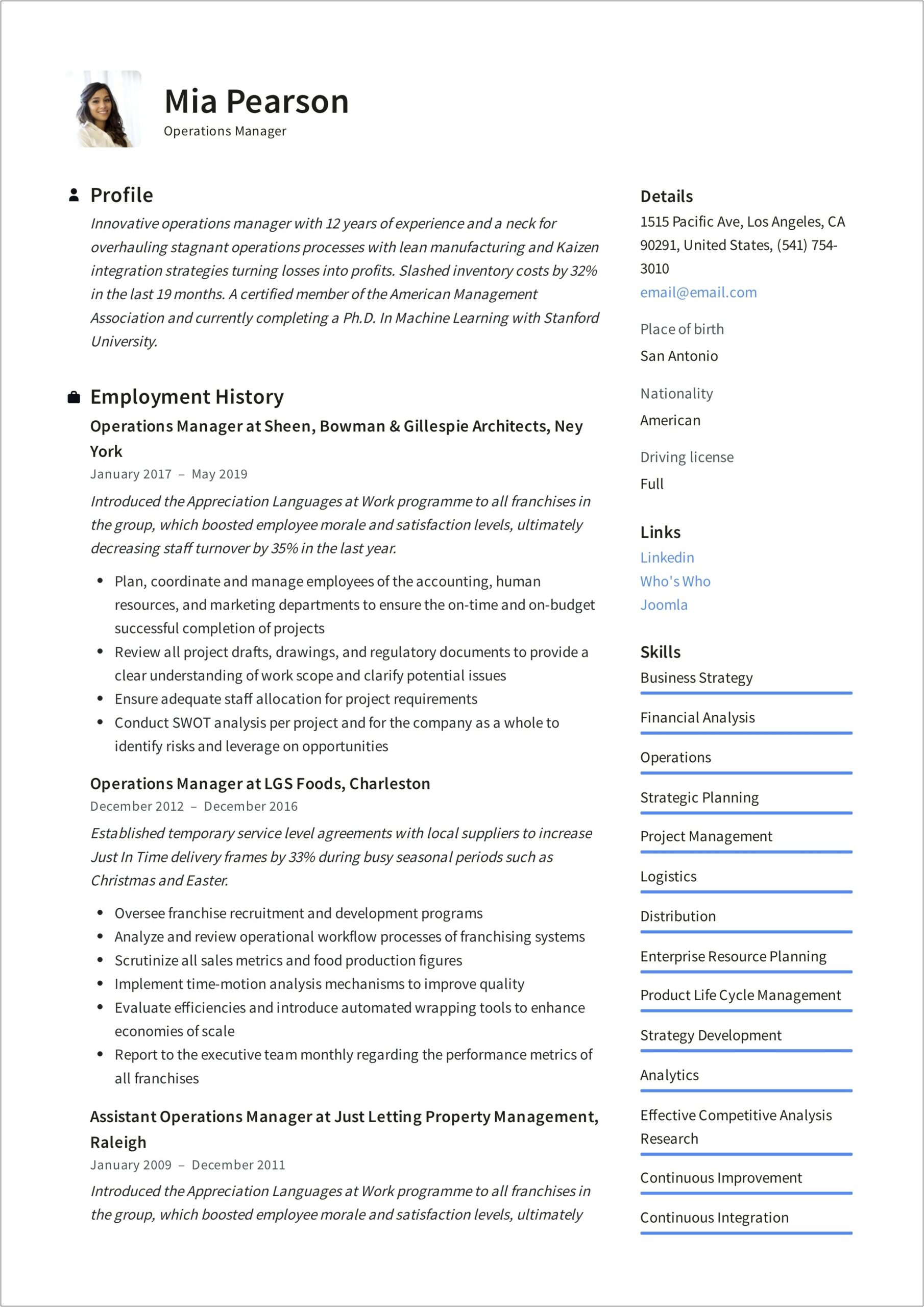 Best Resume Format For Operation Manager