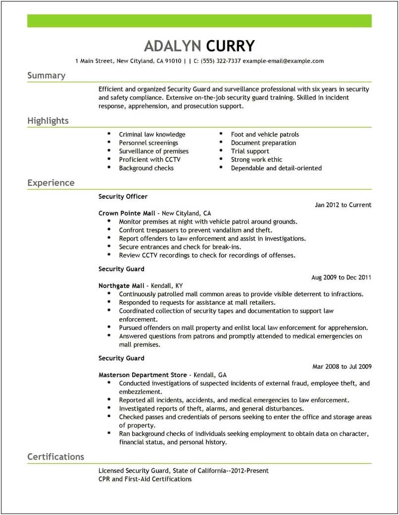 Best Resume Format For Security Officer