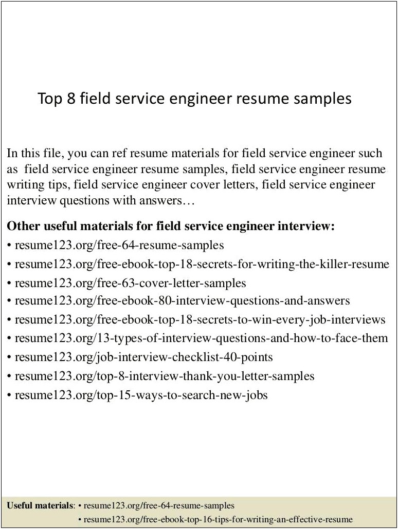 Best Resume Of Field Service Engineer In Electronics