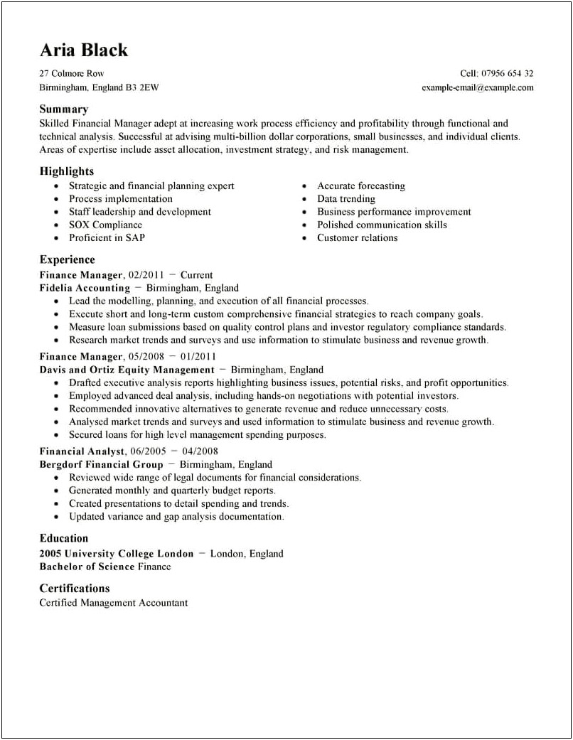 Best Resume Sample For Finance Manager