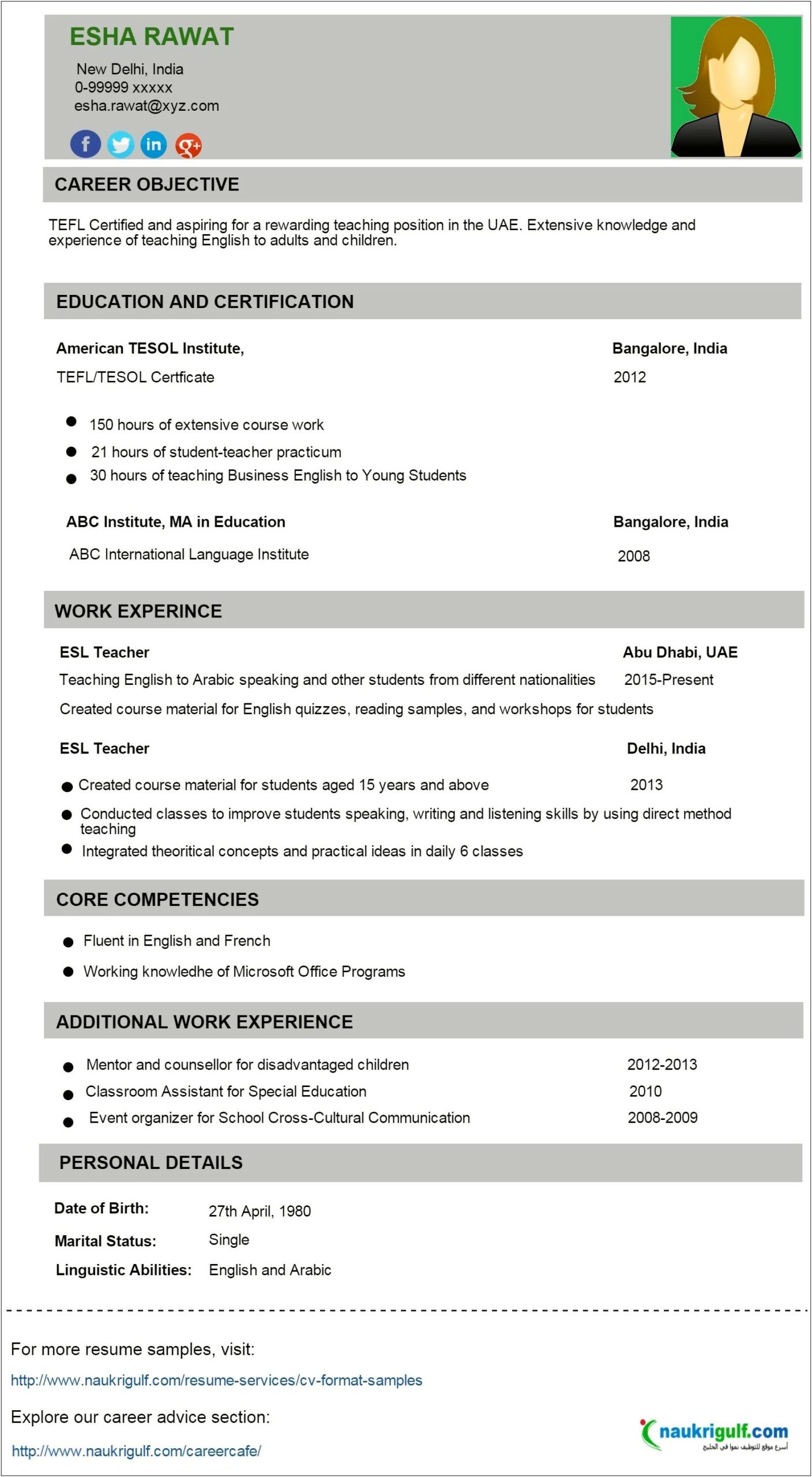 Best Resume Sample For Teacher Job